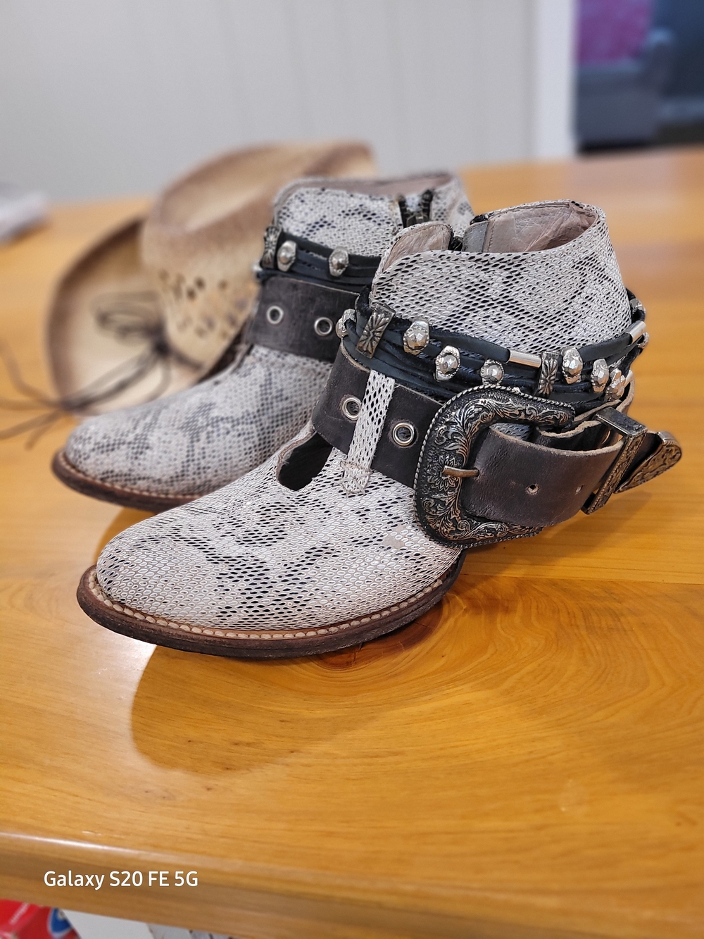 Free Bird Santiago Studded Grey Snake-skin Ankle Western Boots with Buckles